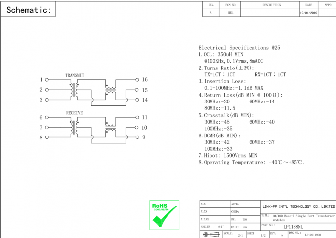 H1601CG 랜 자기학 LP1102NL 10/100Base-T 이더네트 SMT 변압기