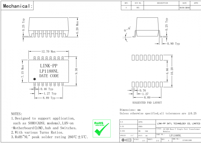 H1601CG 랜 자기학 LP1102NL 10/100Base-T 이더네트 SMT 변압기