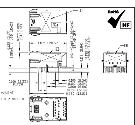 LED와 1X1 공항 저자세 RJ45 자석 커넥터 아래에 있는 L8BJ-1K1T-kde 2.5G 베이스-티 탭